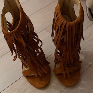 Fringe Suede Tan Heeled Sandals